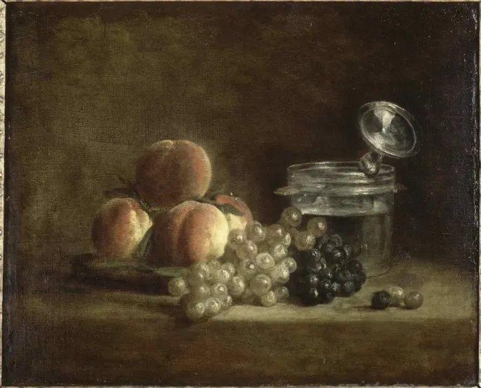 Framed Print : Peaches and grapes. Creator: Chardin, Jean-Baptiste Simeon (1699-1779) Framed Print : Peaches and grapes. Creator: Chardin, Jean-Baptiste Simeon (1699-1779)
