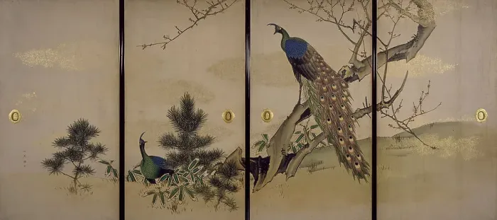 Framed Print : Peacock and Peahen with Flowering Prunus, c1840-1850. Creator: Mori Ippô