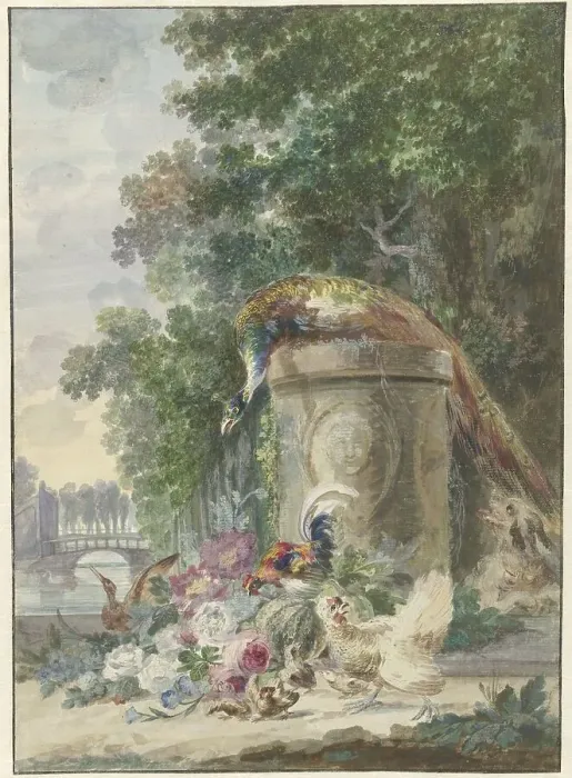 Framed Print : Peacock and Poultry in a Park, Chased by a Dog, c.1775-c.1800. Creator: Arie Lamme Framed Print : Peacock and Poultry in a Park, Chased by a Dog, c.1775-c.1800. Creator: Arie Lamme