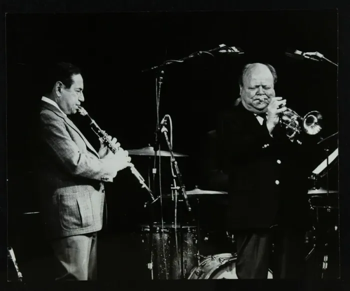 Framed Print : Peanuts Hucko and Billy Butterfield playing at Potters Bar, Hertfordshire, 1986. Artist