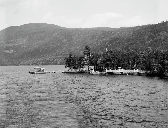Framed Print : Pearl Point landing on Lake George, c.between 1910 and 1920. Creator: Unknown Framed Print : Pearl Point landing on Lake George, c.between 1910 and 1920. Creator: Unknown