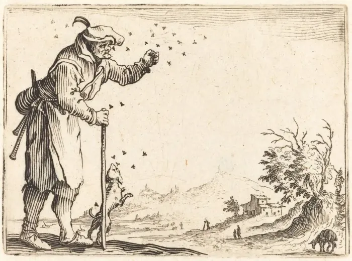 Framed Print : Peasant Attacked by Bees, c. 1622. Creator: Jacques Callot Framed Print : Peasant Attacked by Bees, c. 1622. Creator: Jacques Callot