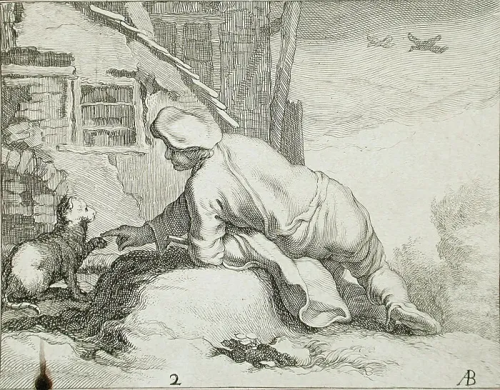 Framed Print : Peasant and Cat, 17th century. Creator: Frederick Bloemaert Framed Print : Peasant and Cat, 17th century. Creator: Frederick Bloemaert