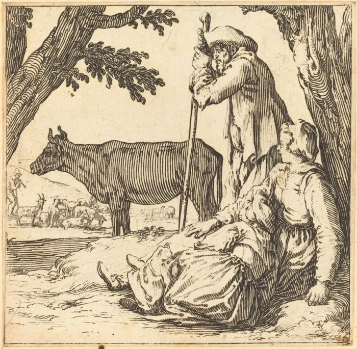 Framed Print : Peasant Couple with Cow, c. 1621. Creator: Jacques Callot Framed Print : Peasant Couple with Cow, c. 1621. Creator: Jacques Callot