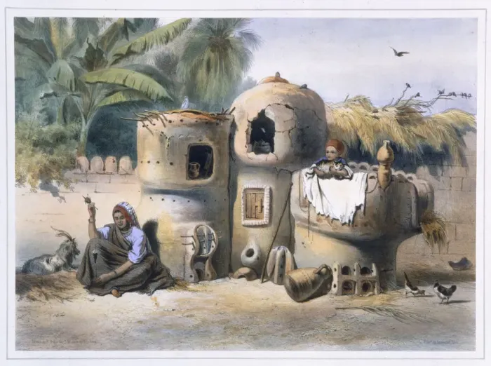 Framed Print : Peasant dwellings in Upper Egypt, 1848. Artist: Eugene Leroux Framed Print : Peasant dwellings in Upper Egypt, 1848. Artist: Eugene Leroux