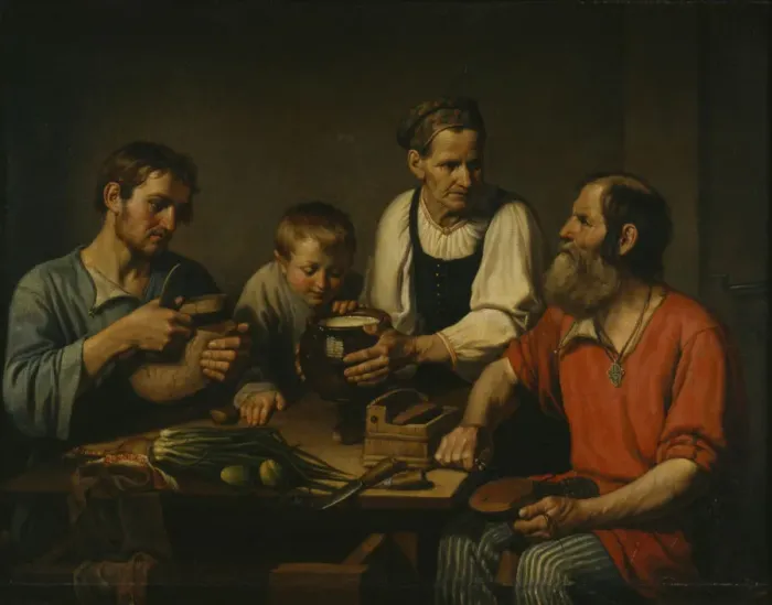 Framed Print : Peasant family before dinner, 1824. Artist: Solntsev, Fyodor Grigoryevich (1801-1892) Framed Print : Peasant family before dinner, 1824. Artist: Solntsev, Fyodor Grigoryevich (1801-1892)