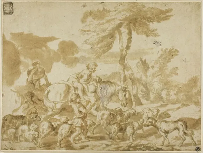 Framed Print : Peasant Family with Sheep and Dog, n.d. Creator: Giovanni Benedetto Castiglione Framed Print : Peasant Family with Sheep and Dog, n.d. Creator: Giovanni Benedetto Castiglione