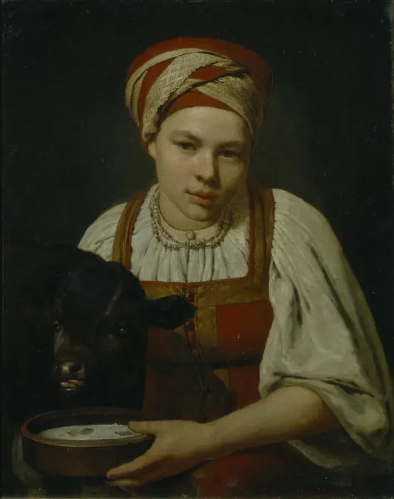 Framed Print : A Peasant Girl with a Calf, End 1820s. Artist: Venetsianov, Alexei Gavrilovich (1780-1847) Framed Print : A Peasant Girl with a Calf, End 1820s. Artist: Venetsianov, Alexei Gavrilovich (1780-1847)