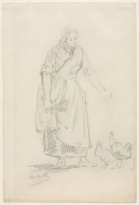 Framed Print : Peasant Girl Feeding Chickens, 1800s(?). Creator: Jean Baptiste Camille Corot (French, 1796-1875) Framed Print : Peasant Girl Feeding Chickens, 1800s(?). Creator: Jean Baptiste Camille Corot (French, 1796-1875)