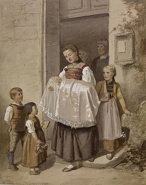 Peasant Girl Holding Baby in Christening, 1863. Creator: Hubert Salentin