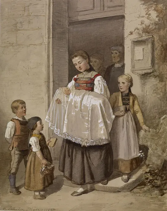 Framed Print : Peasant Girl Holding Baby in Christening, 1863. Creator: Hubert Salentin Framed Print : Peasant Girl Holding Baby in Christening, 1863. Creator: Hubert Salentin