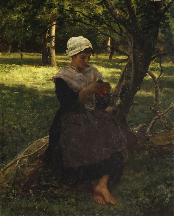 Framed Print : A Peasant Girl Knitting, ca. 1870. Creator: Jules Breton Framed Print : A Peasant Girl Knitting, ca. 1870. Creator: Jules Breton