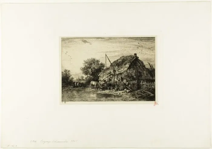 Framed Print : Peasant House with Pond, 1845. Creator: Charles Emile Jacque Framed Print : Peasant House with Pond, 1845. Creator: Charles Emile Jacque