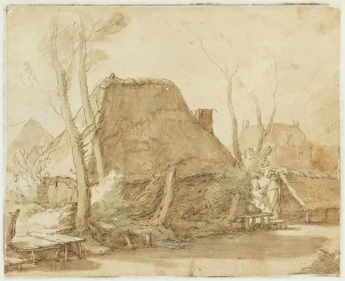 Framed Print : Peasant huts on the banks of a river; around it bare trees, stumps and bushes, to the left... Creator: Abraham Bloemaert