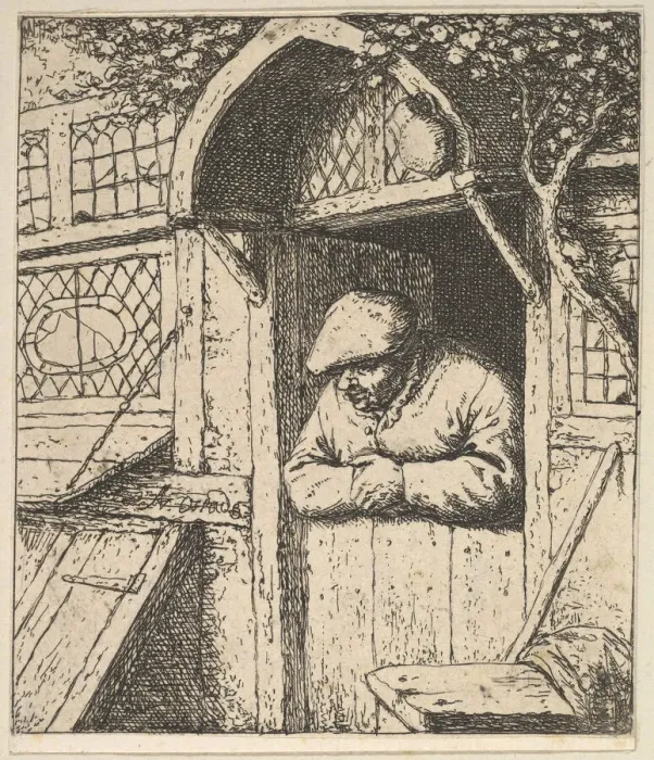 Framed Print : Peasant Leaning on Door, 1610-85. Creator: Adriaen van Ostade Framed Print : Peasant Leaning on Door, 1610-85. Creator: Adriaen van Ostade