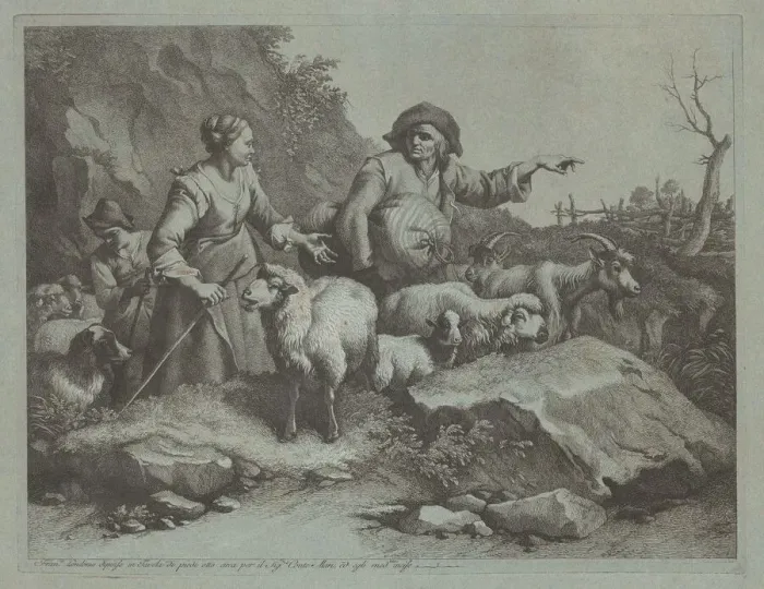 Framed Print : Peasant Man with a Sack and Two Shepherdesses, after 1765. Creator: Francesco Londonio Framed Print : Peasant Man with a Sack and Two Shepherdesses, after 1765. Creator: Francesco Londonio