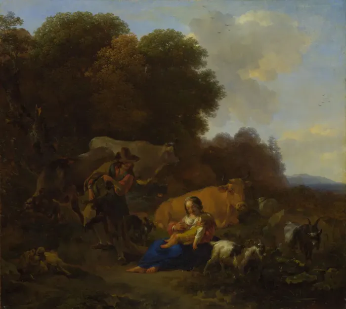 Framed Print : A Peasant playing a Hurdy-Gurdy to a Woman and Child, 1658. Artist: Berchem, Nicolaes (Claes) Pietersz, the Elder (1620-1683) Framed Print : A Peasant playing a Hurdy-Gurdy to a Woman and Child, 1658. Artist: Berchem, Nicolaes (Claes) Pietersz, the Elder (1620-1683)