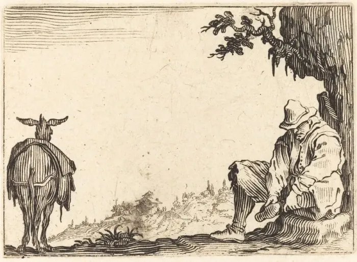 Framed Print : Peasant Removing His Shoe, c. 1622. Creator: Jacques Callot Framed Print : Peasant Removing His Shoe, c. 1622. Creator: Jacques Callot
