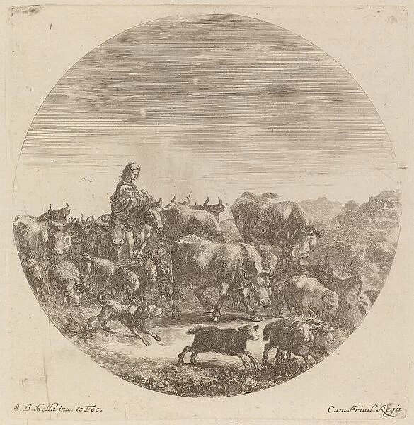 Peasant Seated on a Horse with Cows, Sheep, and Goats. Creator: Stefano della Bella