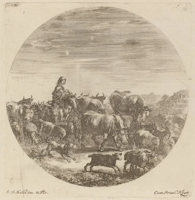 Framed Print : Peasant Seated on a Horse with Cows, Sheep, and Goats. Creator: Stefano della Bella Framed Print : Peasant Seated on a Horse with Cows, Sheep, and Goats. Creator: Stefano della Bella