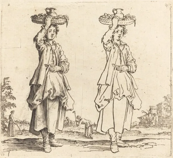 Framed Print : Peasant Woman with Basket on Head, Front View, 1617 and 1621. Creator: Jacques Callot Framed Print : Peasant Woman with Basket on Head, Front View, 1617 and 1621. Creator: Jacques Callot