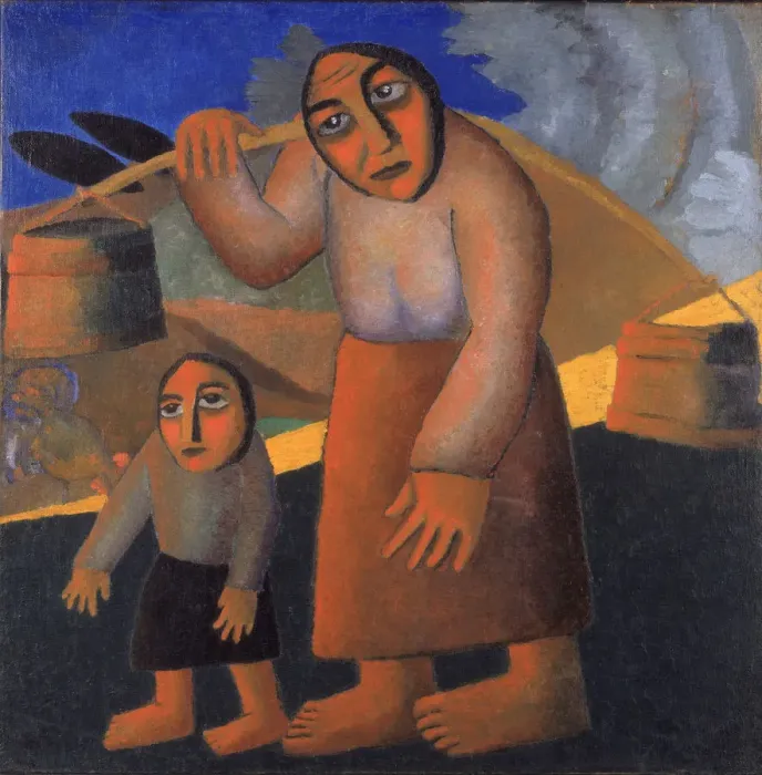 Framed Print : Peasant Woman with Buckets and Child, c. 1912. Artist: Malevich, Kasimir Severinovich (1878-1935) Framed Print : Peasant Woman with Buckets and Child, c. 1912. Artist: Malevich, Kasimir Severinovich (1878-1935)