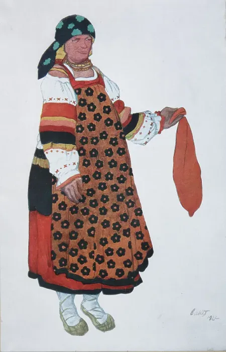 Framed Print : Peasant woman. Costume design for the Vaudeville Old Moscow at the Theatre Femina in Paris, 1922. Artist: Bakst, Leon (1866-1924) Framed Print : Peasant woman. Costume design for the Vaudeville Old Moscow at the Theatre Femina in Paris, 1922. Artist: Bakst, Leon (1866-1924)