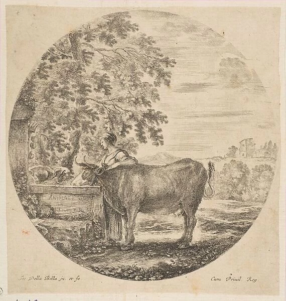 A peasant woman with a cow at a fountain decorated with the Medici arms, from Six ani