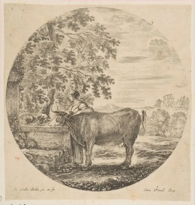 Framed Print : A peasant woman with a cow at a fountain decorated with the Medici arms, from Six ani Framed Print : A peasant woman with a cow at a fountain decorated with the Medici arms, from Six ani