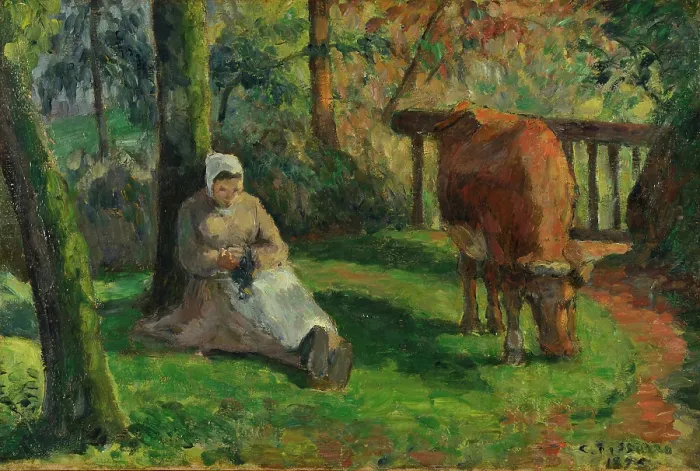 Framed Print : Peasant Woman and Cow, Montfoucault, 1875. Creator: Pissarro, Camille (1830-1903) Framed Print : Peasant Woman and Cow, Montfoucault, 1875. Creator: Pissarro, Camille (1830-1903)
