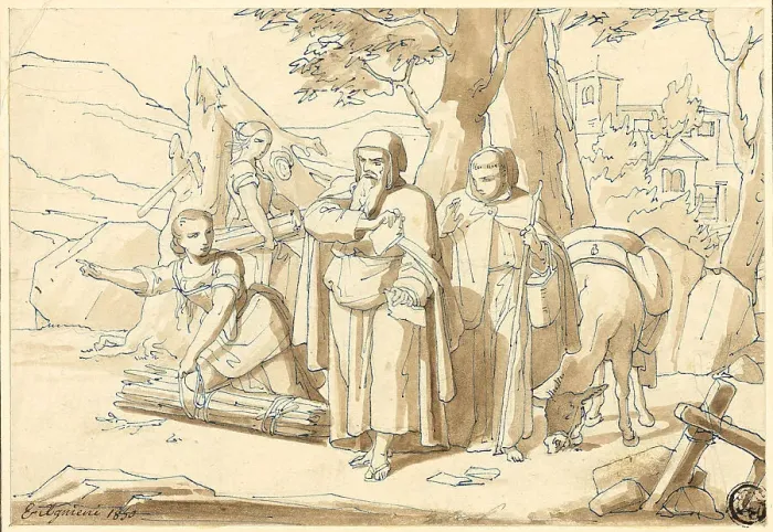 Framed Print : Peasant Woman Giving Directions to Monks, 1850. Creator: Eugenio Agneni Framed Print : Peasant Woman Giving Directions to Monks, 1850. Creator: Eugenio Agneni