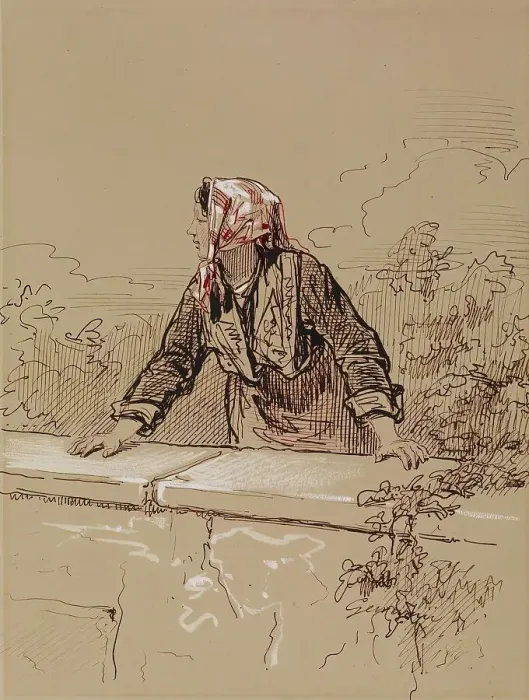 Framed Print : Peasant Woman Leaning on Wall, 1852-1866. Creator: Paul Gavarni Framed Print : Peasant Woman Leaning on Wall, 1852-1866. Creator: Paul Gavarni