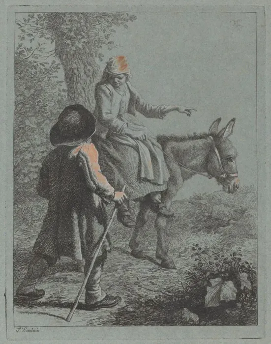 Framed Print : Peasant Woman Seated on a Donkey and a Peasant Man. Creator: Francesco Londonio Framed Print : Peasant Woman Seated on a Donkey and a Peasant Man. Creator: Francesco Londonio