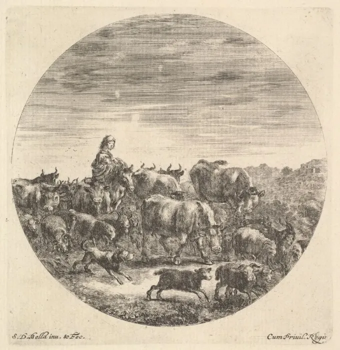 Framed Print : A peasant woman seated on a horse to left, facing right, surrounded by a herd of fc Framed Print : A peasant woman seated on a horse to left, facing right, surrounded by a herd of fc