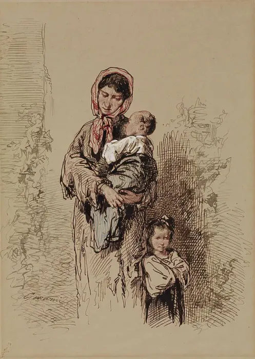 Framed Print : Peasant Woman with Two Young Children, 1852-1866. Creator: Paul Gavarni Framed Print : Peasant Woman with Two Young Children, 1852-1866. Creator: Paul Gavarni