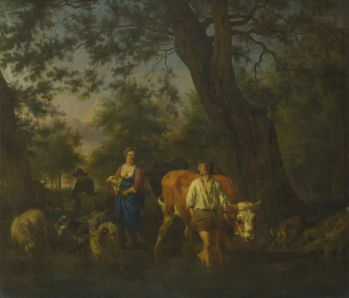 Framed Print : Peasants with Cattle fording a Stream, ca 1662. Artist: Velde, Adriaen, van de (1636-1672) Framed Print : Peasants with Cattle fording a Stream, ca 1662. Artist: Velde, Adriaen, van de (1636-1672)
