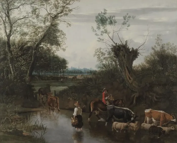 Framed Print : Peasants Crossing a Stream, c. 1670. Creator: Jan Siberechts (Flemish, 1627-c. 1703) Framed Print : Peasants Crossing a Stream, c. 1670. Creator: Jan Siberechts (Flemish, 1627-c. 1703)