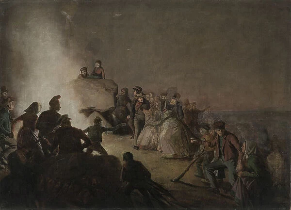 Peasants dance around a fire on a hillside, Saint John's Eve, 1816-1890. Creator: Jorgen Sonne