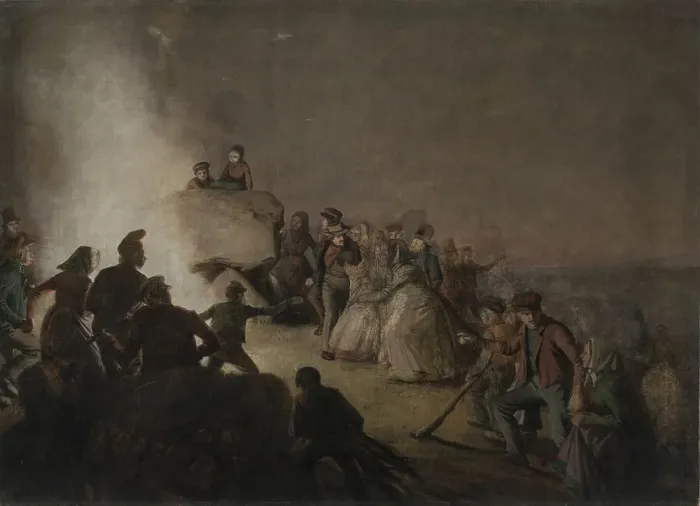 Framed Print : Peasants dance around a fire on a hillside, Saint John's Eve, 1816-1890. Creator: Jorgen Sonne Framed Print : Peasants dance around a fire on a hillside, Saint John's Eve, 1816-1890. Creator: Jorgen Sonne