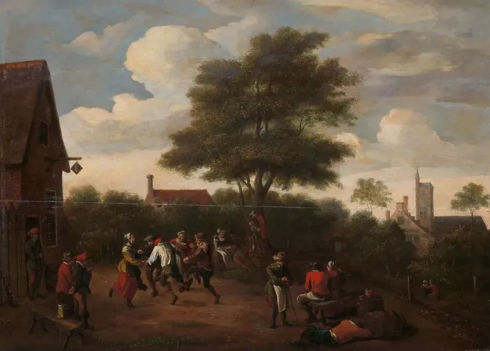 Framed Print : Peasants Dancing Outside the Crescent Tavern, in or after c.1660. Creator: Unknown Framed Print : Peasants Dancing Outside the Crescent Tavern, in or after c.1660. Creator: Unknown