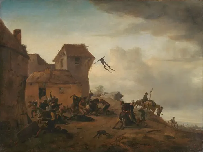 Framed Print : Peasants fighting near a Village, c.1646. Creator: Philips Wouwerman Framed Print : Peasants fighting near a Village, c.1646. Creator: Philips Wouwerman