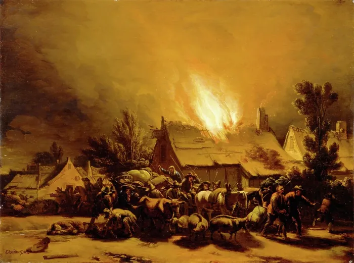 Framed Print : Peasants Fleeing a Burning Barn, c1655. Creator: Egbert van der Poel Framed Print : Peasants Fleeing a Burning Barn, c1655. Creator: Egbert van der Poel