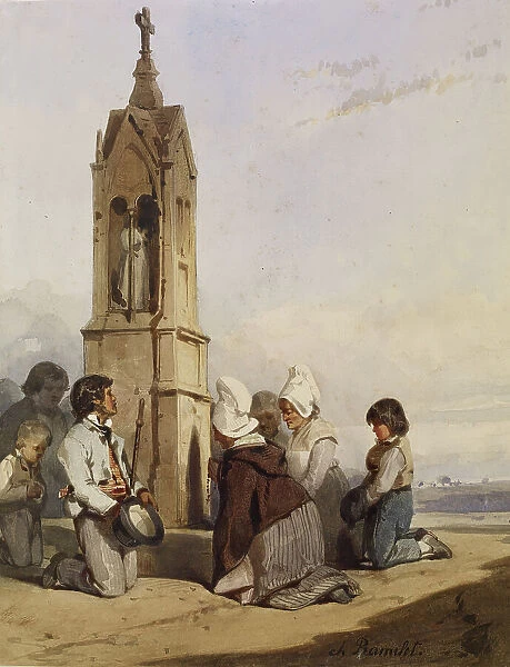 Peasants Kneeling Before Shrine, c1840. Creator: Charles Ramelet