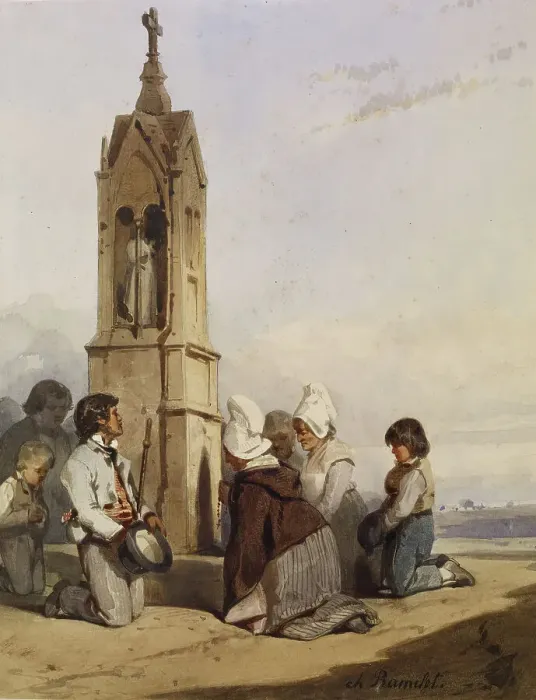 Framed Print : Peasants Kneeling Before Shrine, c1840. Creator: Charles Ramelet Framed Print : Peasants Kneeling Before Shrine, c1840. Creator: Charles Ramelet