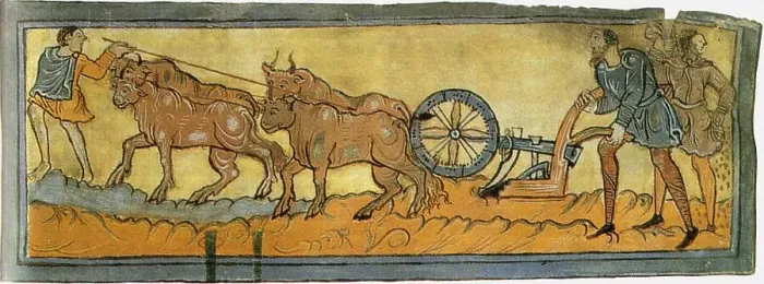 Framed Print : Peasants ploughing (Miniature from the Cotton MS Tiberius), 11th century. Artist: Anonymous Framed Print : Peasants ploughing (Miniature from the Cotton MS Tiberius), 11th century. Artist: Anonymous