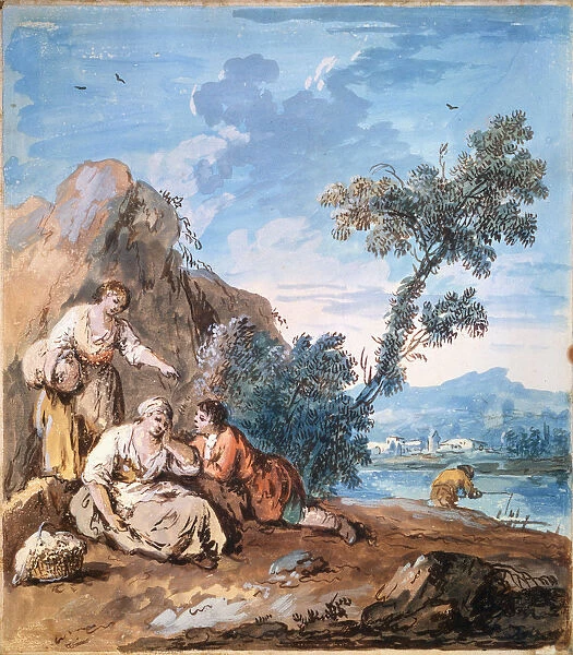 Three peasants resting on a river bank, c1750. Artist: Giuseppe Zais