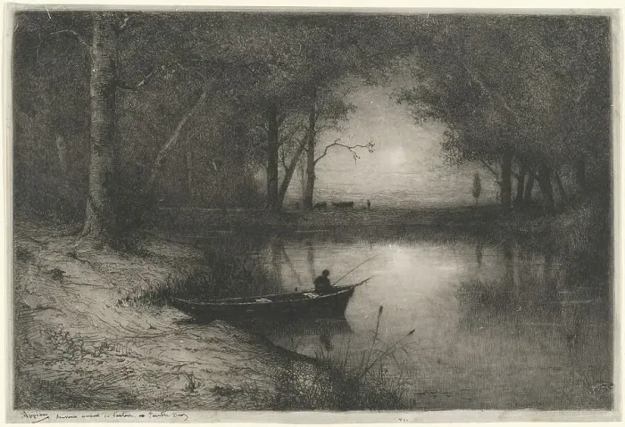 Framed Print : Pêcheur en Canot, au bord d'une Rivière (Fisherman in a Boat), 1887. Creator: Adolphe Appian Framed Print : Pêcheur en Canot, au bord d'une Rivière (Fisherman in a Boat), 1887. Creator: Adolphe Appian