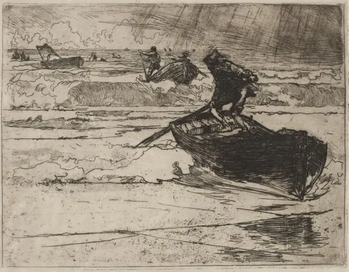 Framed Print : Pecheurs Fuyants devant lOrage, 1892. Creator: Auguste Louis Lepere (French, 1849-1918)