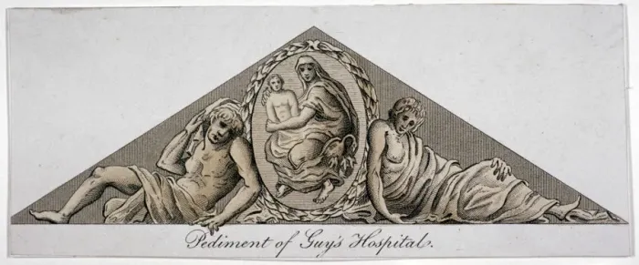 Framed Print : Pediment of Guys Hospital, Southwark, London, c1800 Framed Print : Pediment of Guys Hospital, Southwark, London, c1800