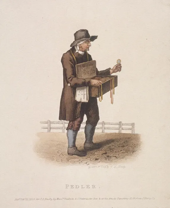 Framed Print : Pedlar with his box of wares hung around his neck, 1820. Artist: Thomas Lord Busby Framed Print : Pedlar with his box of wares hung around his neck, 1820. Artist: Thomas Lord Busby